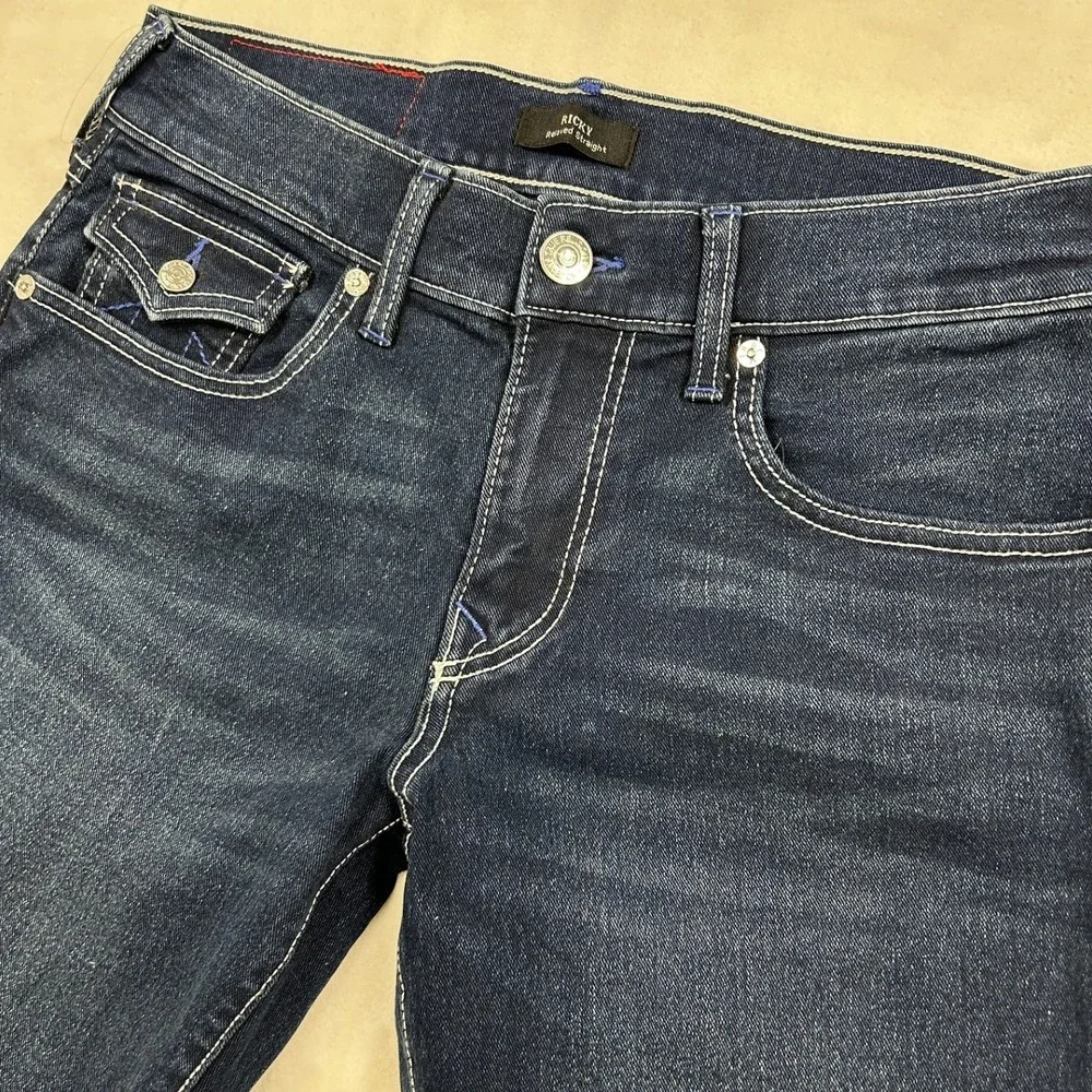 True Religion Ricky Relaxed Straight Jeans Mens 29 Blue Dark Wash Stitch